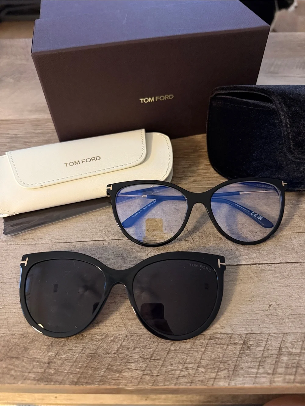 Tom Ford Women's Black Cat-Eye Optical Frames with Clip-On Sunglasses FT5994-B